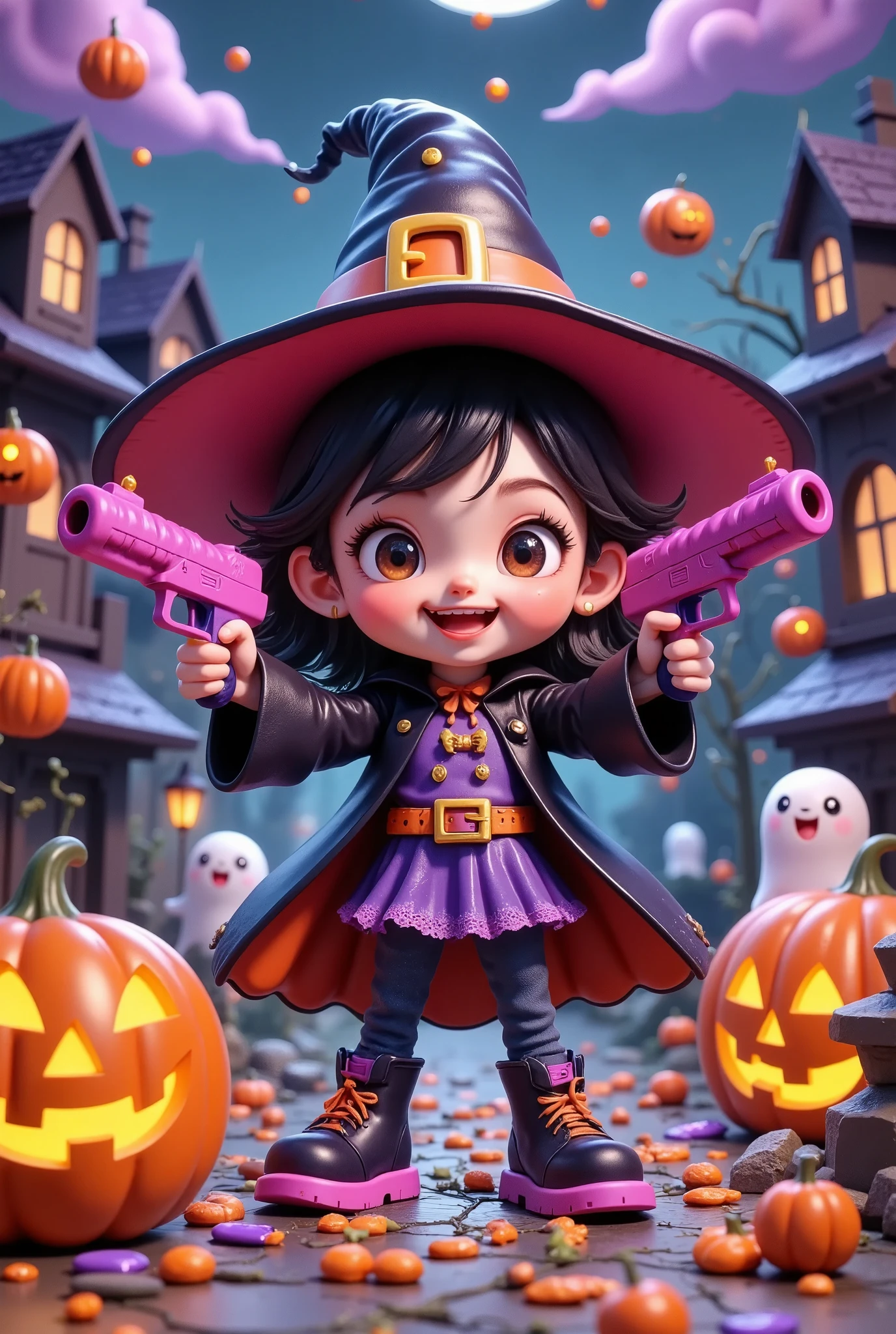 Micro Landscape，3D model figure，Crazy Little Witch ，   Holding a pink gun in both hands，Target,   Halloween theme，candy， pumpkin lantern，  intense light and shadow ,  Use fluorescent colors  ,  with fluorescent colors  .  Model character, 32K, 