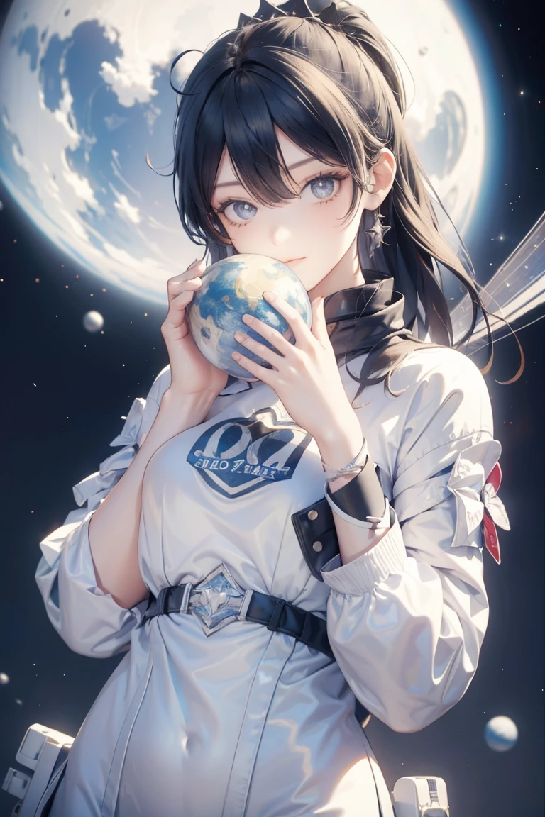 girl in space holds a planet in her hands, dark
