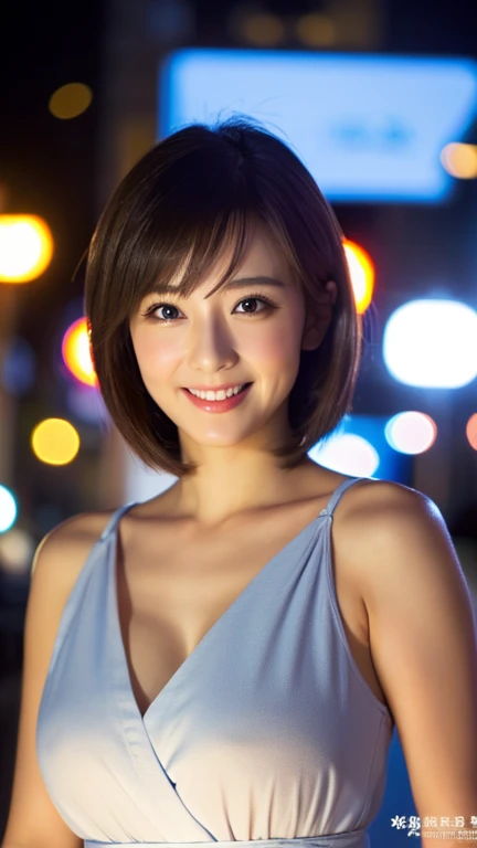 top-quality、ultra-detailliert、masterpiece、realisitic、Photo Real、one girls、(Cute 17 year old girl、small head)、(kawaii:1.2)、huge smile、(Brown hair、Short bob hair)、eyes are brown、perfect glossy skin、((A slender))、((Perfect body))、Gravure Pose、accurate depiction、face perfect、White shirt、off shoulders、(large full breasts:1.12)、鎖骨、Look here、Bright lighting、You can see the night view、Hotel、terraces、Blur the background