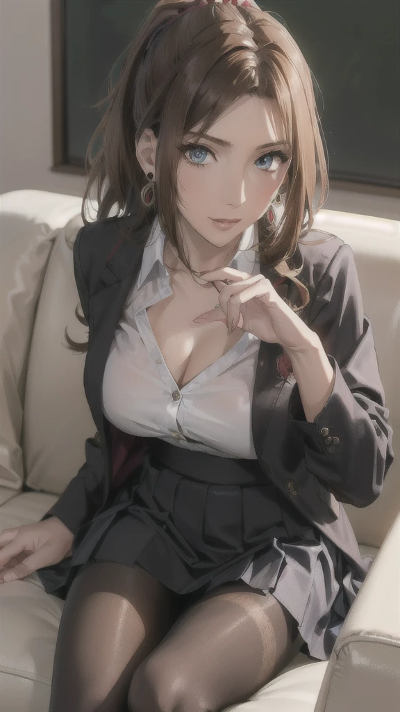 (( correct anatomy)),(( black pantyhose)),(( Mini Pleated Skirt )),((sit)),((student服)),((blouse)),(((School))),((student)),((Luxury sofa)),(()),(()),(( jacket)),(()),(()), ultra high resolution,  mature women,  mature women,  very detailed , Perfect hands, Fine fingers,  beautiful details ,((length, Long Hair)),(( ponytail)), earrings with cups, perfect eyes, seductive eyes,