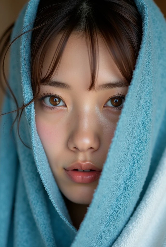 A stunning 8K RAW image captures a mesmerizing 近い-up of a Professional photography, 35mm film, sharp lens,
A close-up portrait of a young woman with glowing skin and full lips. She should have large, expressive golden-brown eyes and well-defined eyebrows, giving her a serene and engaging expression. The woman's face is partially framed by a textured blue scarf or shawl, which adds a touch of elegance. The lighting should be soft and dramatic, emphasizing her facial features and the fabric's texture. The background is to be out of focus to keep the attention on her.
cinematic A portrait of a young woman with light brown hair in a high ponytail, smiling softly with blue eyes and red lipstick. She wears a white towel draped over her shoulders, with glowing skin and natural lighting. The background is softly blurred, creating a serene and intimate atmosphere