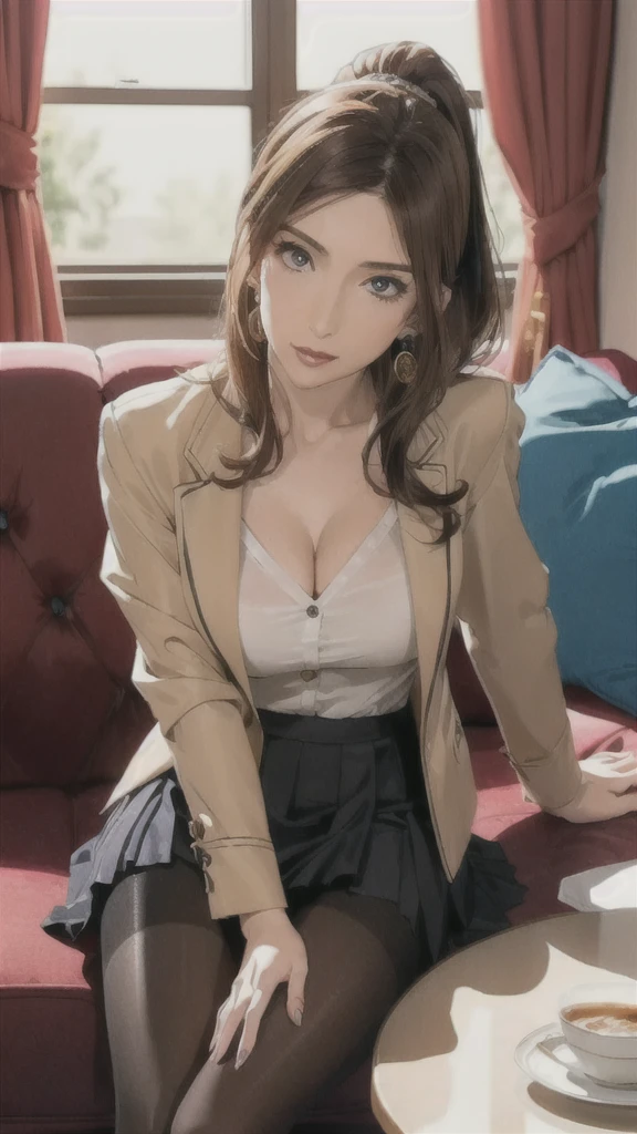 (( correct anatomy)),(( black pantyhose)),(( Mini Pleated Skirt )),((sit)),((student服)),((blouse)),(((School))),((student)),((Luxury sofa)),(()),(()),(( jacket)),(()),(()), ultra high resolution,  mature women,  mature women,  very detailed , Perfect hands, Fine fingers,  beautiful details ,((length, Long Hair)),(( ponytail)), earrings with cups, perfect eyes, seductive eyes,