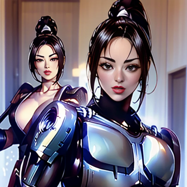 ( Best Quality ), ( Mai Shiranui), (Overall view)  Huagai with a cool and handsome face  ,RoboCop Armor , RoboCop helmet ,   beautiful and sexy young woman , 18 years old,   toned and muscular ,  With a cool and handsome face , Sharp Eye, Big Breasts