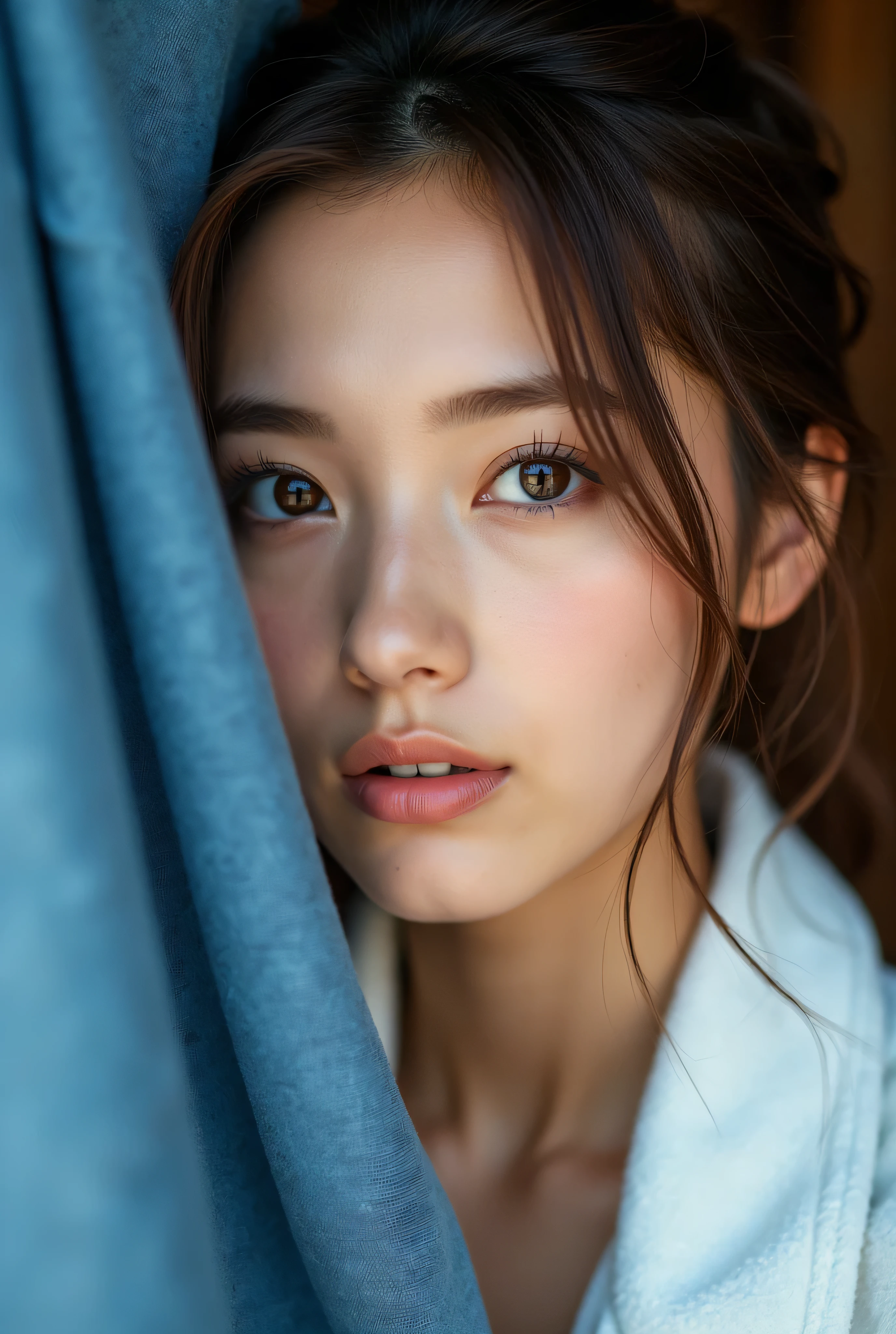 A stunning 8K RAW image captures a mesmerizing 近い-up of a Professional photography, 35mm film, sharp lens,
A close-up portrait of a young woman with glowing skin and full lips. She should have large, expressive golden-brown eyes and well-defined eyebrows, giving her a serene and engaging expression. The woman's face is partially framed by a textured blue scarf or shawl, which adds a touch of elegance. The lighting should be soft and dramatic, emphasizing her facial features and the fabric's texture. The background is to be out of focus to keep the attention on her.
cinematic A portrait of a young woman with light brown hair in a high ponytail, smiling softly with blue eyes and red lipstick. She wears a white towel draped over her shoulders, with glowing skin and natural lighting. The background is softly blurred, creating a serene and intimate atmosphere