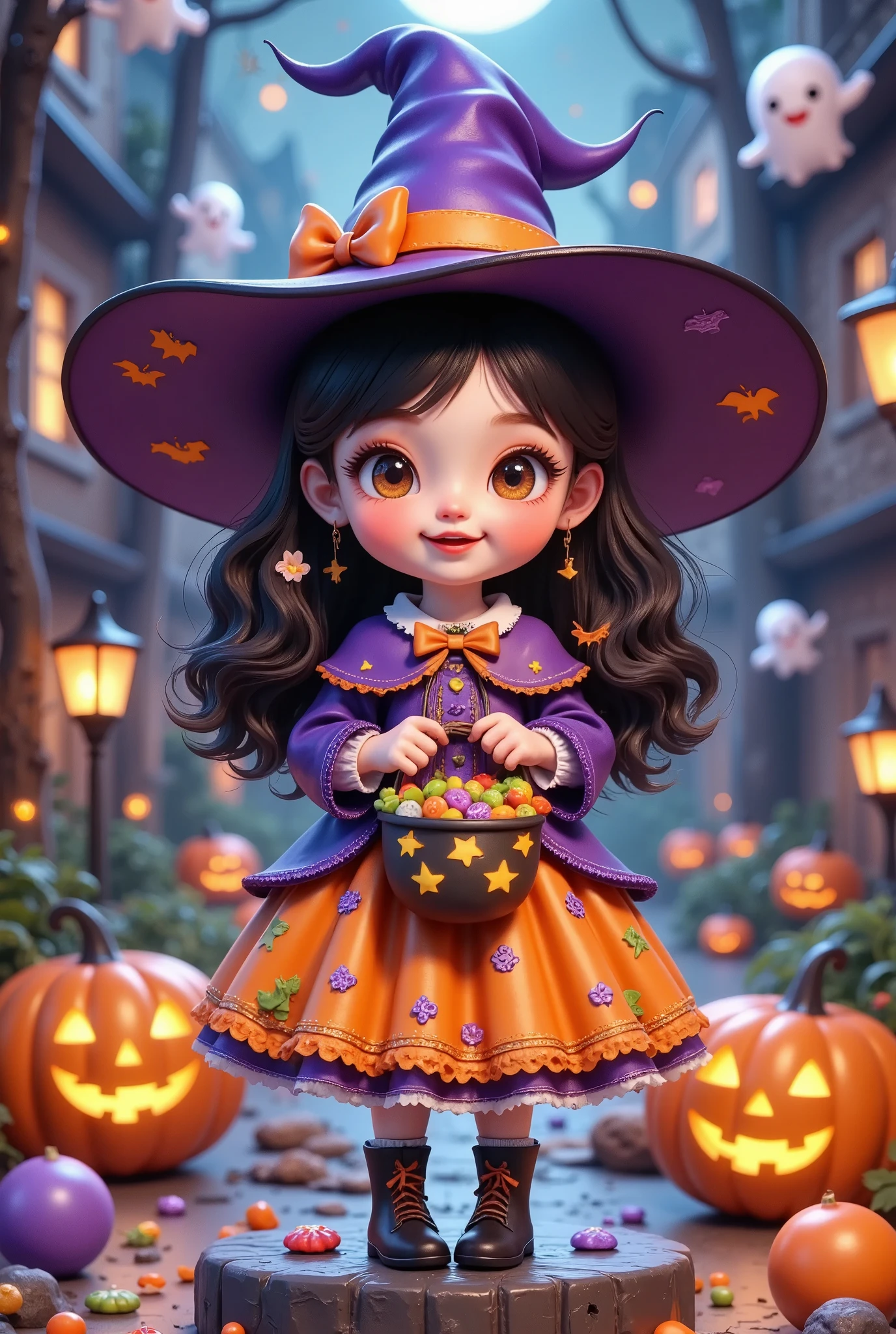 cute little witch，Halloween theme，Hand candy basket ，3d，Model character