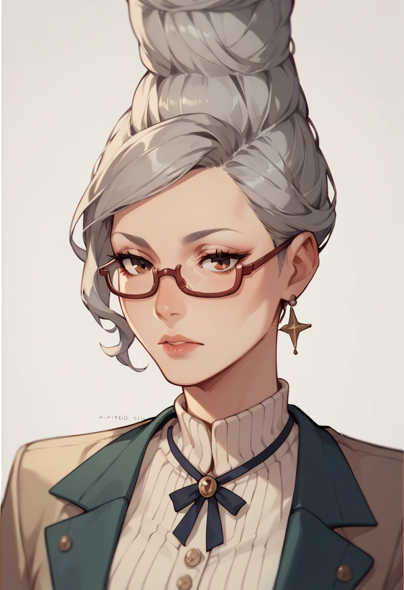 mature female,grey hair, brown eyes,glasses,top knot