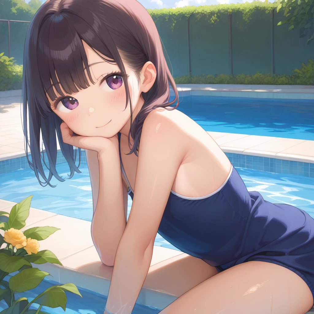  Best Quality,   in the right hand ,  movie lighting , Cute face， baby face、  flat chest、 young girl 、、Old body、  Black Hair  、Summer swimming pool、  全裸 まんこ見える Get your butt out of the water 