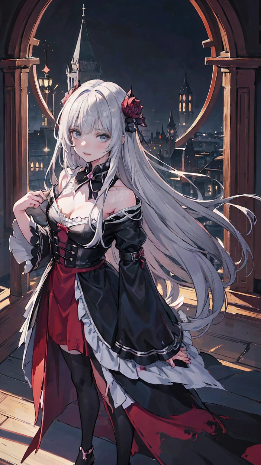    very detailed な壁紙,   very detailed , Detailed Shadows,    very accurate and detailed , High resolution 8K wallpaper,   very beautiful 8K scene wallpaper modin disney, Arafed,  action shot, Dark  Fantasy Art ,  Fantasy Art , Gothic art,  Picture of a Female Vampire , Exquisite beauty, whole bodyショット , dark glamour shot, pale white skin , Blonde, Long Hair,  Wavy Hair, ( Sparkling Grey : 1.3) eye, she (red: 1.3) red thigh suit, ArmoredDress, she手に剣を持っている, ( Ready for Battle : 1.4) ,  Roses are printed on the suit (black: 1.4) black roses,  High Heels , dark castle, dark, black and color,  Dark Art Painting Style , flower dress, (( 1 Girl, Alone, Alone, Ninim , Gray Hair, redいeye,  hair ornament, Small breasts, Long Hair,  fitness )), ((Alone, (1 Female, Pink lipstick),  very detailed ,  Ambient Soft Lighting , 4K, Perfect Eyes,  perfect face, Perfect lighting , a  1 Girl)), ((blackいドレス,  Long Dress , redい大鎌を振るう, Abandoned castle, Haunted Castle, fog, mist, Knight , Smell of the Moon , Dead Tree)),Old ruined church. . 彼女のblackいドレスは破れている，There are stains in many places. Her Grey Hair is dull, long creepy .  light shines through a broken stained glass window 。.頭にdevilの角.背中にコウモリのwingがある.teeth,(Best writing,    so delicate and beautiful   ),(Best writing,    so delicate and beautiful   ), (  beautiful and delicate face ), (詳細なeyeと詳細な顔:1.2), Dark fantasy, Alone,   cute smile  , Grey Hair,   Dynamic Angle, vampire), (gaint vampire castle in background), (redい月, redい空), Pointed_, teeth, devil&#39;wing, devil horns, There&#39;There&#39;s blood on your face, Blood Rain, ブラッドmist, (    The depth of the written border  ),  In the city , ( Blood Splatter :1.4),  shooting a cowboy , whole body,Small doll