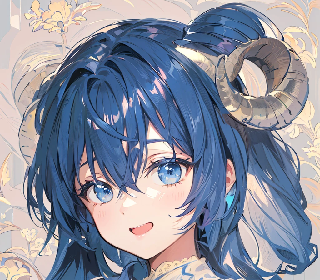 ( best quality, masterpiece,  high quality , delicate description, Elaborate painting).  Shining hair ,  long pigtail hairstyle, dark blue hair, A sheep&#39;s horn on its head. Squint your eyes. (((((((((((((((Open your mouth wide))))))))))))))). (trembling:1.8),(embarrassed,blush:1.6),(parted lips:1.6),(harf open eyes,no pupils,empty eyes:1.8),(steam:1.6),(sweat skin:1.7),(streaming tears:1.2),(drooling:1.4),(feeling weak:1.6),(looking away:1.6),(spoken heart:1.4)