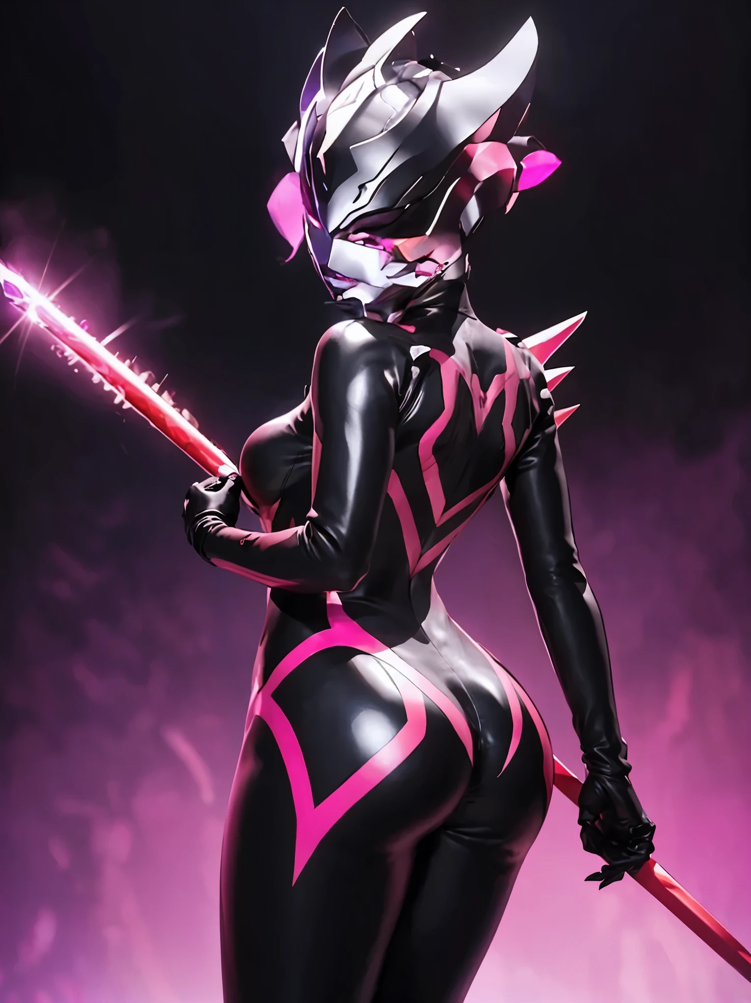 Ultraman Woman. （high quality）（luster）（(Black Face and red eyeline)）（Black and purple thema color）women only. The whole body is covered with a black bodysuit. Spike decoration. Pink lines all over the body. Heart tattoo . purple coloreye. pink glow crystal. stick out butt. pink sharp claw. Turn around pose. buttocks. Night background.