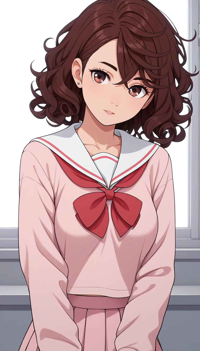 _Wow,  curly hair , Brown Hair,   Brown Eyes  , medium breasts,  Sailor suit、School