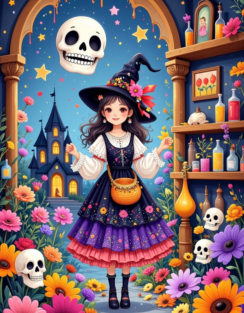 Illustrate a festive scene representing the Day of the Dead (Dia de los Muertos) in Mexico. Include colorful paper marigolds, sugar skulls, and candles adorning an ofrenda, a traditional altar holding offerings for the departed. Incorporate decorative objects like framed photos, the favorite foods of the departed, and calavera, painted skulls typically made from sugar. Also, include people of various descents, dressed in vibrant traditional attire, performing joyful dances and celebrations. Note that the sky should be star-lit, with bright, cheerful colors generally dominating the illustration.