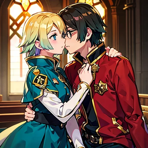 Form from Fire emblem heroes 1 boy with black hair, Red jacket and glasses romantically kissing a girl with blonde hair with green tipsand blue eyes, white dress. Church at night in the background., True love, blushing cheeks, high quality 