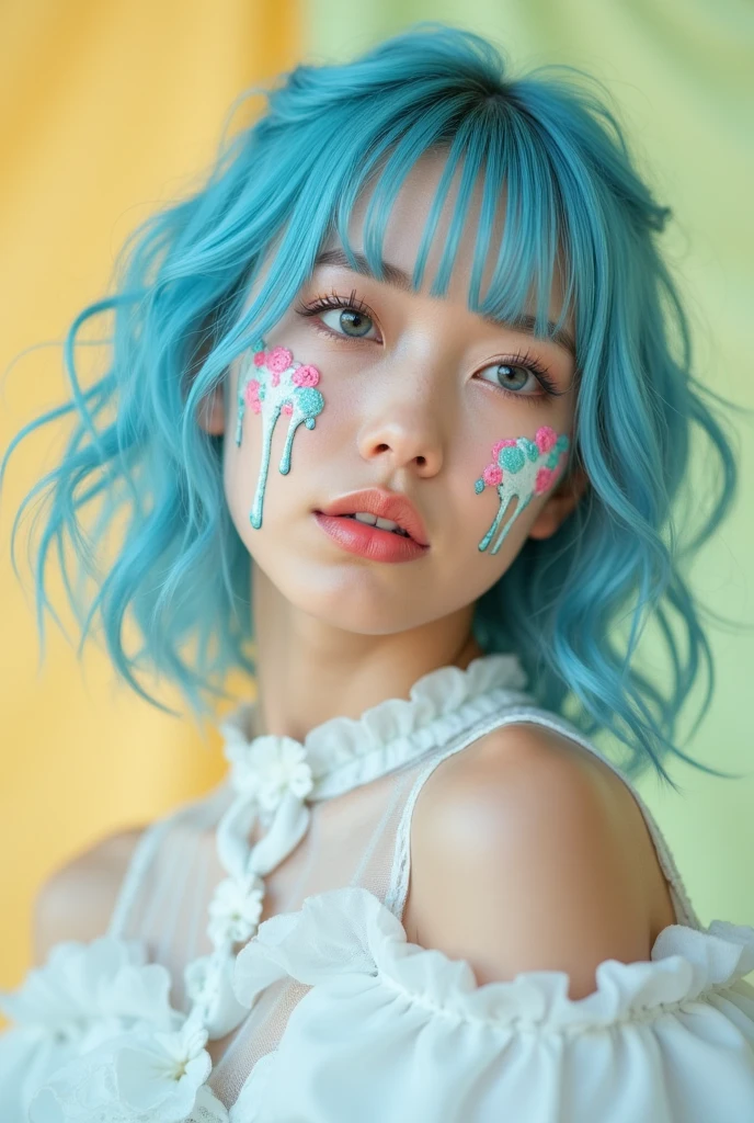 A stunning 8K RAW image captures a mesmerizing close-up of a ((BDSM))creative photoshoot of supermodel with light blue hair in an oversized white dress, pastel yellow and mint colour palette, her face is painted like ice cream with liquid paint dripping from the top to bottom --v 6.0 --ar 4:5