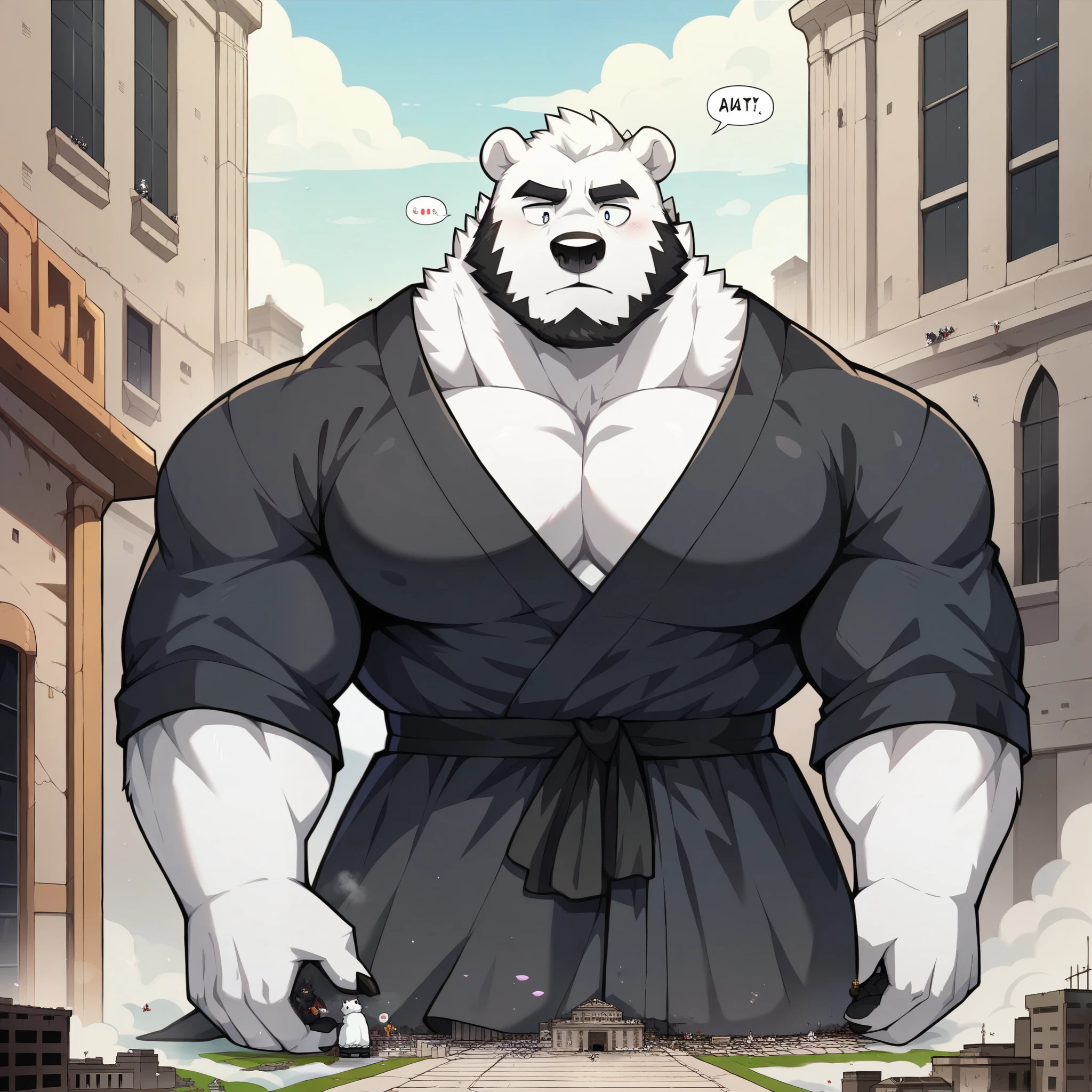 "Solo, a massive and muscular elderly polar bear with huge white fur strutting confidently through the bustling city streets, exhibiting his Herculean physique, shirtless and awe-inspiring."