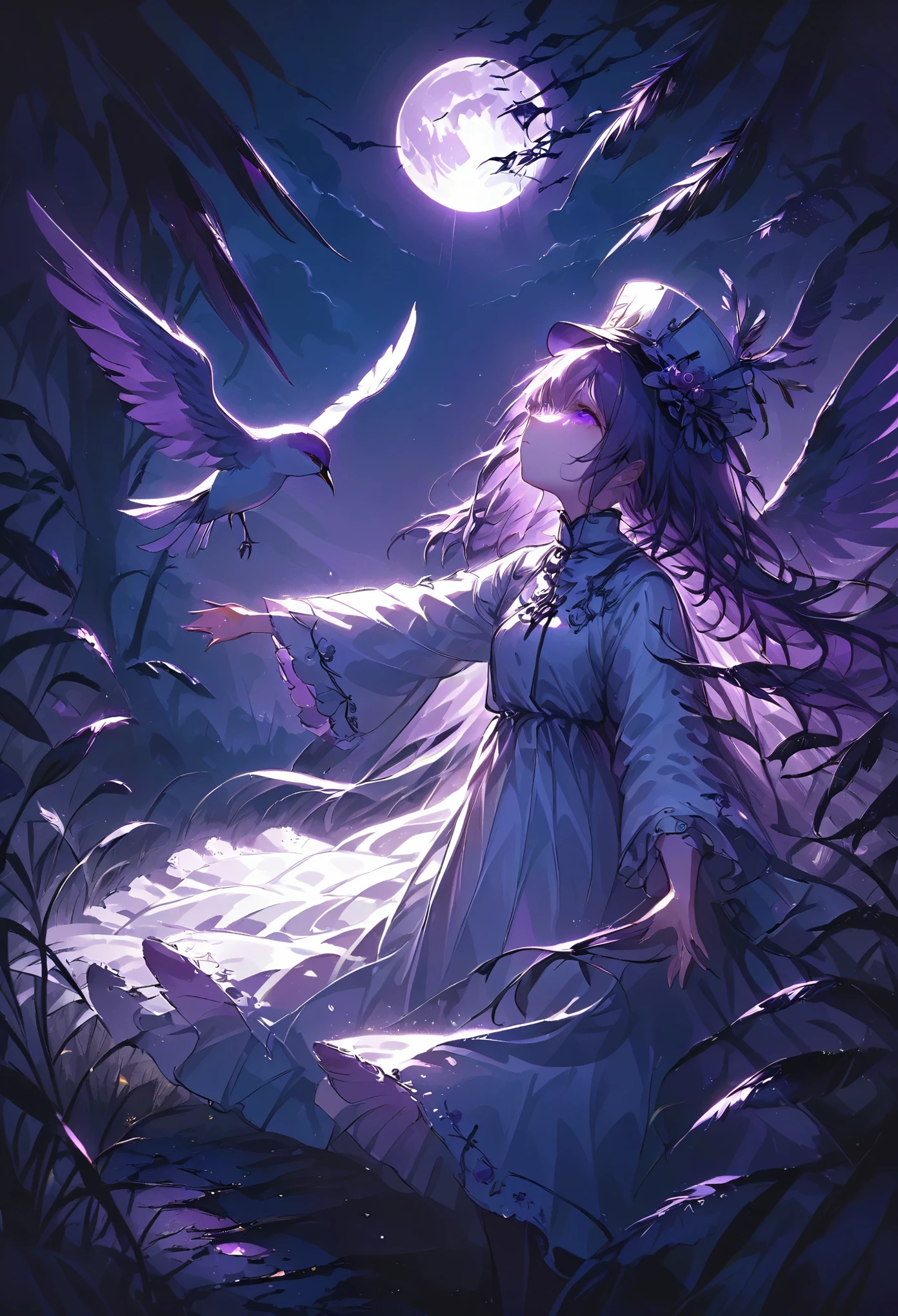 illustration, best quality, side view, 1girl, bird wings, open arms, looking up, long dress with floral details, hat with feathers, glowing full moon, night sky, tall grass in foreground, mystical atmosphere, soft moonlight, dark blue and purple tones, dramatic lighting, sense of wonder and freedom