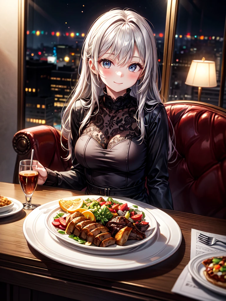 An 8K, high-resolution image of a beautiful young girl sitting at a table in an elegant Western-style restaurant at night. She is smiling gently as she looks at a deliciously plated meal in front of her, with a knife and fork neatly placed beside the plate. The warm, ambient lighting creates a cozy and inviting atmosphere, highlighting the rich colors and textures of the food. The girl’s expression is one of delight and anticipation, and the sophisticated setting, complete with a refined table setting and tasteful decor, enhances the mood of a special dinner experience,