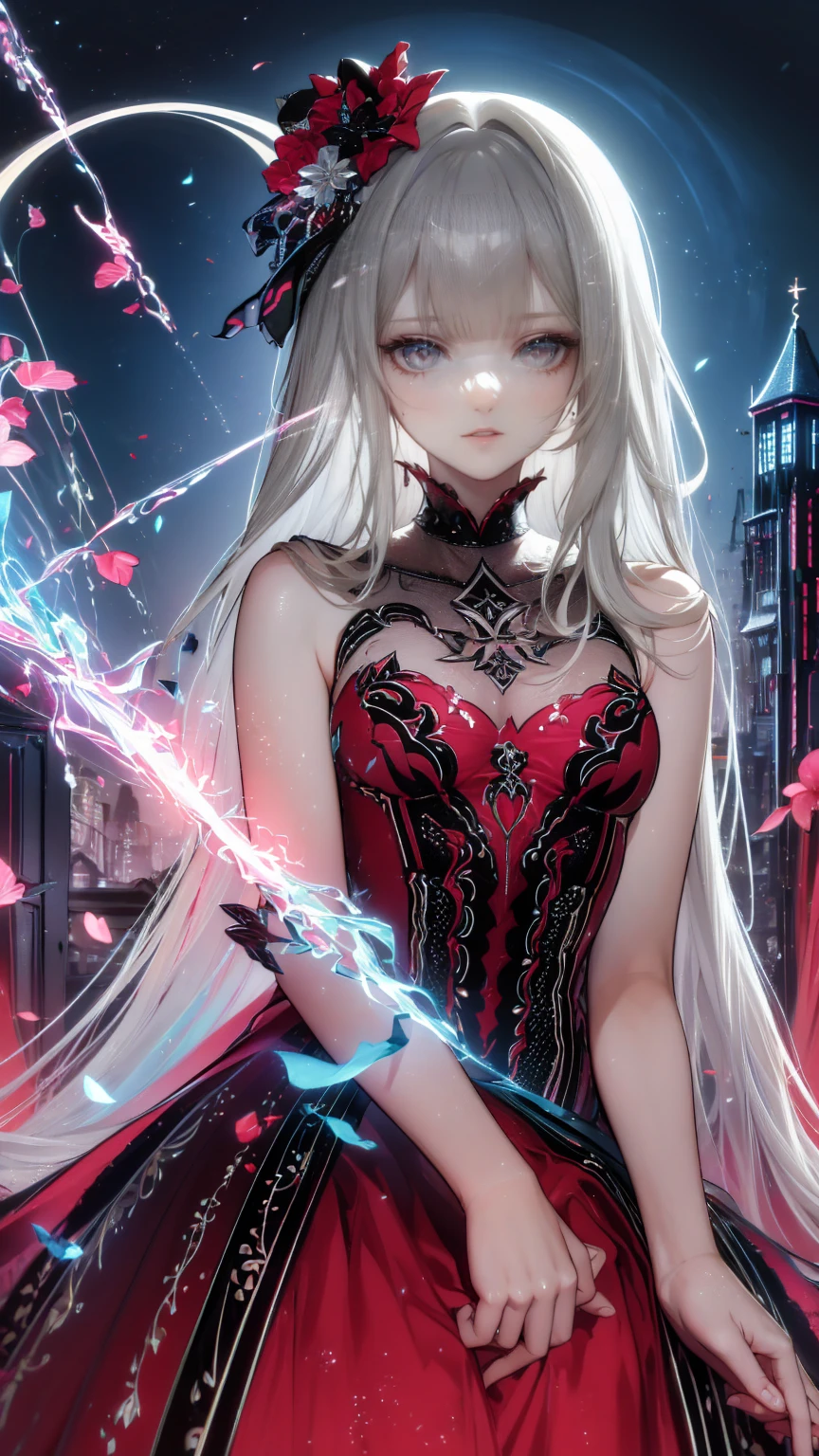  very detailed な壁紙,  very detailed , Detailed Shadows,  very accurate and detailed , High resolution 8K wallpaper,  very beautiful 8K scene wallpaper modin disney, Arafed,  action shot, Dark  Fantasy Art ,  Fantasy Art , Gothic art,  Picture of a Female Vampire , Exquisite beauty, whole bodyショット , dark glamour shot, pale white skin , Blonde, Long Hair,  Wavy Hair, ( Sparkling Grey : 1.3) eye, she (red: 1.3) red thigh suit, ArmoredDress, she手に剣を持っている, ( Ready for Battle : 1.4) ,  Roses are printed on the suit (black: 1.4) black roses,  High Heels , dark castle, dark, black and color,  Dark Art Painting Style , flower dress, (( 1 Girl, Alone, Alone, Ninim , Gray Hair, redいeye,  hair ornament, Small breasts, Long Hair,  fitness )), ((Alone, (1 Female, Pink lipstick),  very detailed ,  Ambient Soft Lighting , 4K, Perfect Eyes,  perfect face, Perfect lighting , a  1 Girl)), ((blackいドレス,  Long Dress , redい大鎌を振るう, Abandoned castle, Haunted Castle, fog, mist, Knight , Smell of the Moon , Dead Tree)),Old ruined church. . 彼女のblackいドレスは破れている，There are stains in many places. Her Grey Hair is dull, long creepy .  light shines through a broken stained glass window 。.頭にdevilの角.背中にコウモリのwingがある.teeth,(Best writing,  so delicate and beautiful ),(Best writing,  so delicate and beautiful ), (  beautiful and delicate face ), (詳細なeyeと詳細な顔:1.2), Dark fantasy, Alone,  cute smile  , Grey Hair,  Dynamic Angle, vampire), (gaint vampire castle in background), (redい月, redい空), Pointed_, teeth, devil&#39;wing, devil horns, There&#39;There&#39;s blood on your face, Blood Rain, ブラッドmist, (  The depth of the written border ), In the city , ( Blood Splatter :1.4),  shooting a cowboy , whole body,Small doll
