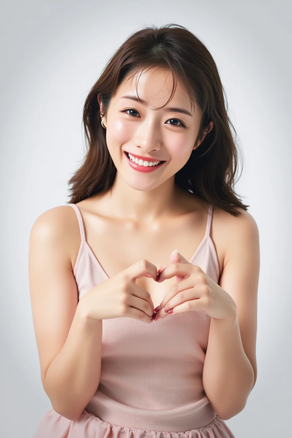 She is in a pose wearing a sexy camisole, making a firm big heart shape with both hands, and holding it in front of her chest, Cute smile up

