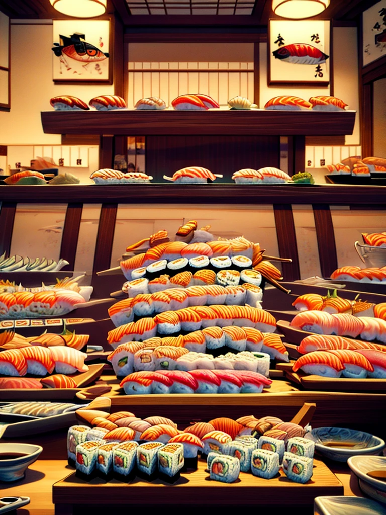 ((Best Quality)), ((masterpiece)), ( Details),Woman eating tuna sushi,kimono, ponytail,Sushi restaurant