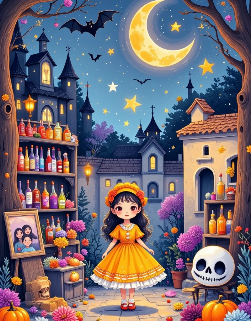 Illustrate a festive scene representing the Day of the Dead (Dia de los Muertos) in Mexico. Include colorful paper marigolds, sugar skulls, and candles adorning an ofrenda, a traditional altar holding offerings for the departed. Incorporate decorative objects like framed photos, the favorite foods of the departed, and calavera, painted skulls typically made from sugar. Also, include people of various descents, dressed in vibrant traditional attire, performing joyful dances and celebrations. Note that the sky should be star-lit, with bright, cheerful colors generally dominating the illustration.