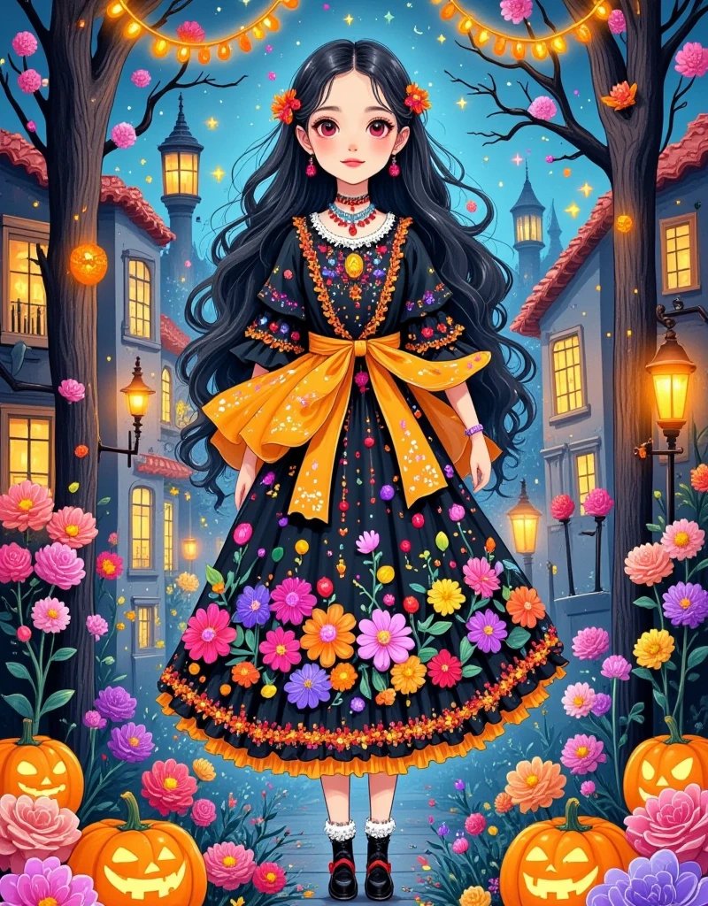 Illustrate a festive scene representing the Day of the Dead (Dia de los Muertos) in Mexico. Include colorful paper marigolds, sugar skulls, and candles adorning an ofrenda, a traditional altar holding offerings for the departed. Incorporate decorative objects like framed photos, the favorite foods of the departed, and calavera, painted skulls typically made from sugar. Also, include people of various descents, dressed in vibrant traditional attire, performing joyful dances and celebrations. Note that the sky should be star-lit, with bright, cheerful colors generally dominating the illustration.