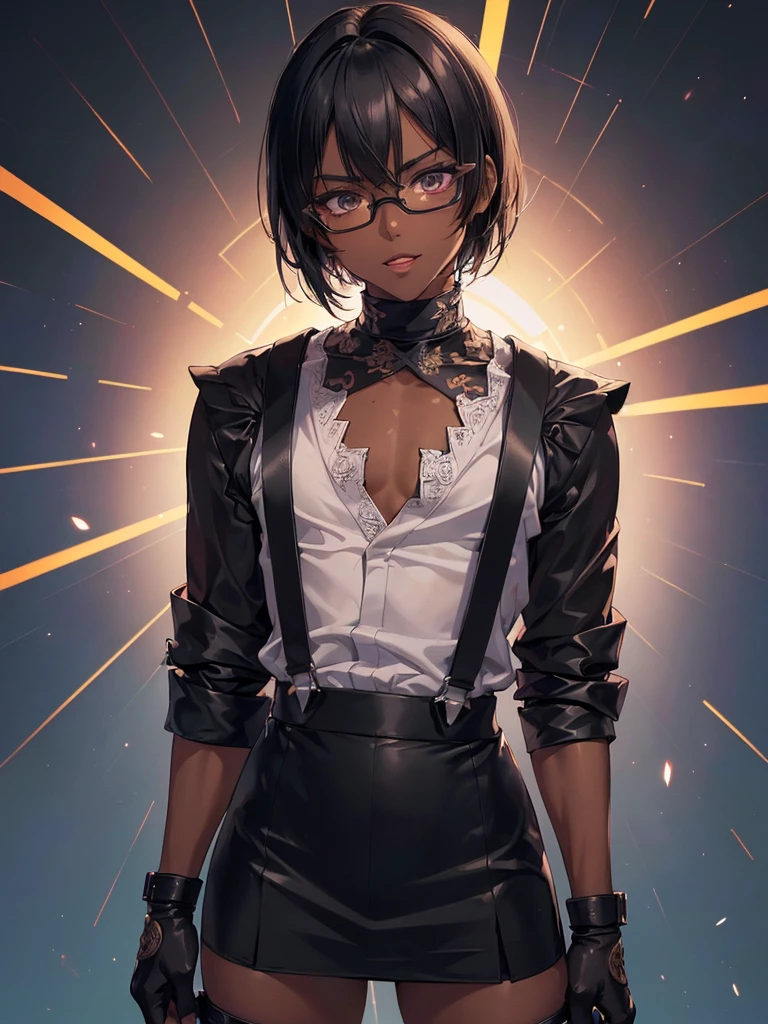 (masterpiece:1.2), highest quality, High resolution, unity 8k wallpaper, (fine and beautiful eyes:1.6), highly detailed face, perfect lighting, Detailed CG, (perfect hands, perfect anatomy:1.3), (1 femmale:1.4), (20 years old femmale:1.4),( black hair:1.3), extremely beautiful detailfeminine face and eyes, (evil smile:1.3), detailed eyes, best quality,( dark skin:1.8), extremely detailed, very precise detailed,(glasses:1.3), (blunt bangs:1.3), open mouth, (very short hair:1.4),(fingerless gloves:1.5), (half closed eyes:1.5),(business suit:1.6),boots,(flat chest:1.4),