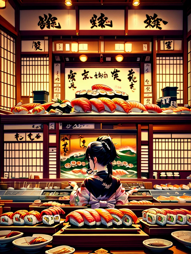 ((Best Quality)), ((masterpiece)), ( Details),Woman eating sushi in private booth,Rear view,kimono, ponytail,Conveyor belt sushi restaurant