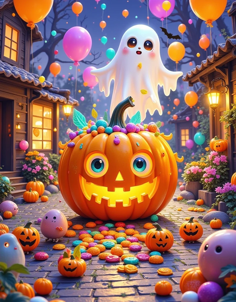  a large pumpkin in the middle of the picture ， and get all kinds of fruit candy and colorful paint from the pumpkin's eyes and mouth，A few tiny little monsters wear all kinds of Halloween costumes ， laughing ， The whole picture is full of tension ， letter interspersed design ， letter text “trick or treat” poster design ， flat gradient minimalist design ， three-dimensional glass texture ， floating high-grade silk lines ，frosted particles，Modern Art，Large white space，Upward Shot， dark but not scary background ，C4D，OC Rendering