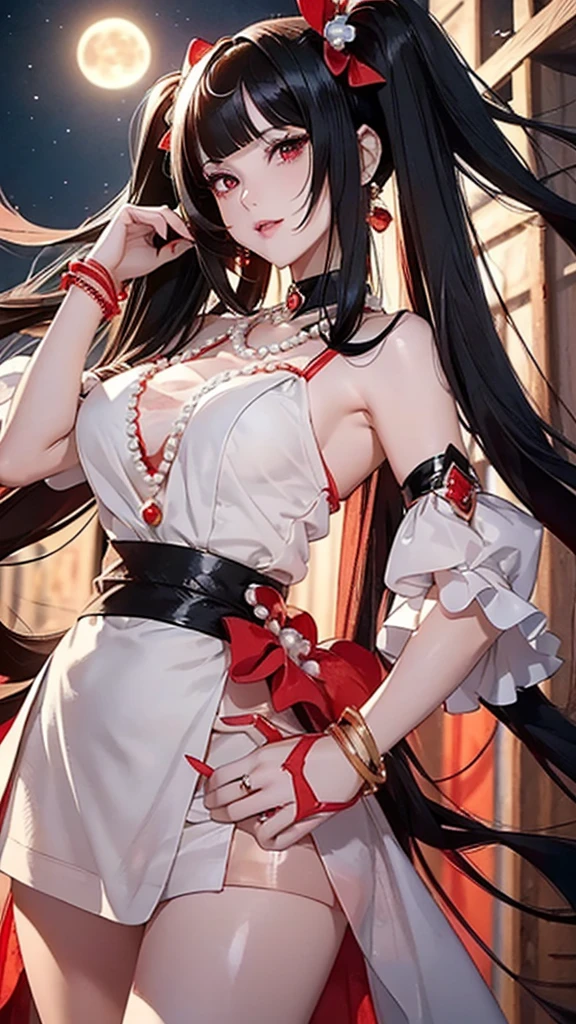 A masterpiece of the highest order, ultra high precision, ultra high image quality, 8K quality, realistic anime style, a woman, a perfect woman with the best anatomical and ergonomic face and body, well-proportioned face and body, (((shiny Black Hair))), (((Twin tails, bangs bangs))), slim face, ((narrow Red eyes)), ((deep glossy and shining eyes)), (((highlights on eyes))), very long eyelashes, thin red lips, a tall and slender body, very large breasts, tight waist, large hips, white skin, moist and lustrous skin, (((See-through Red dress with a bold and sexy design))), (((large pearl necklace, large earrings, Corsages, bangles, rings))), ((beautiful smile)), mysterious atmosphere, great presence, ((upper body, beautiful standing pose)), ((The background is the Full moon night))
