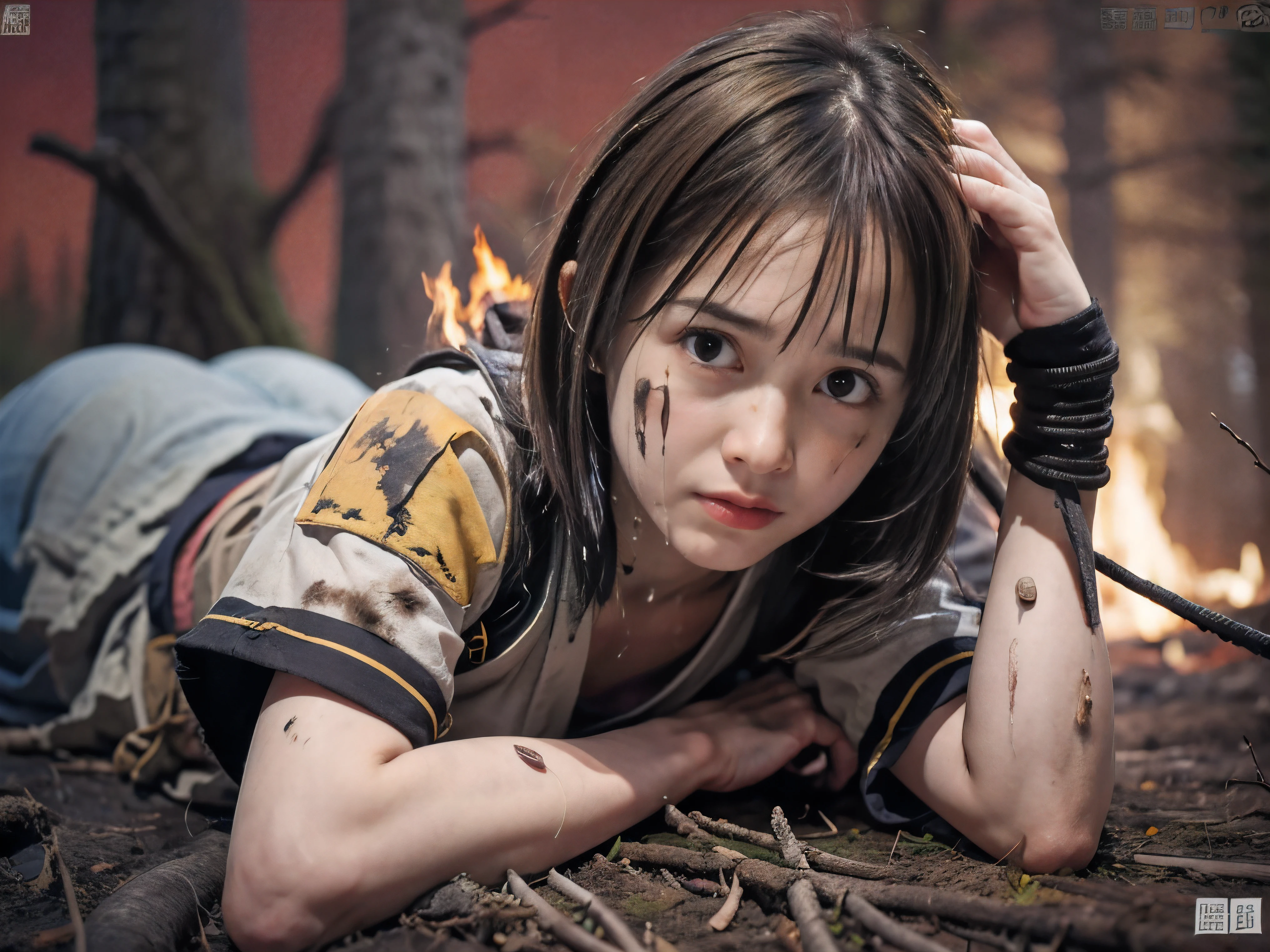 (Low angle shot of one slender small breasts round face brown short hair with bangs girl in a samurai silver armor:1.5)、(One girl is lying with her back behind on the wilderness land at the Sengoku period in Japan with crying dirty sperm splashed face:1.5)、(One girl has splashed sperm and blood on her face and body:1.5)、(One girl is tied wrist by rope:1.5)、(The big fire and burning trees on the wilderness land with red sky:1.5)、(blurred background:1.5)、(Natural light:1.5)、(8k ultra detailed master piece:1.5)、(perfect anatomy:1.5)、(Photorealistic stick:1.5)、(Raw photo:1.3)、(highest quality:1.5)、(High resolution:1.3)、(Delicate and beautiful perfect face:1.3)、(Delicate and beautiful eye air skin:1.3)、(Real Human Skin:1.3)、((thin legs))