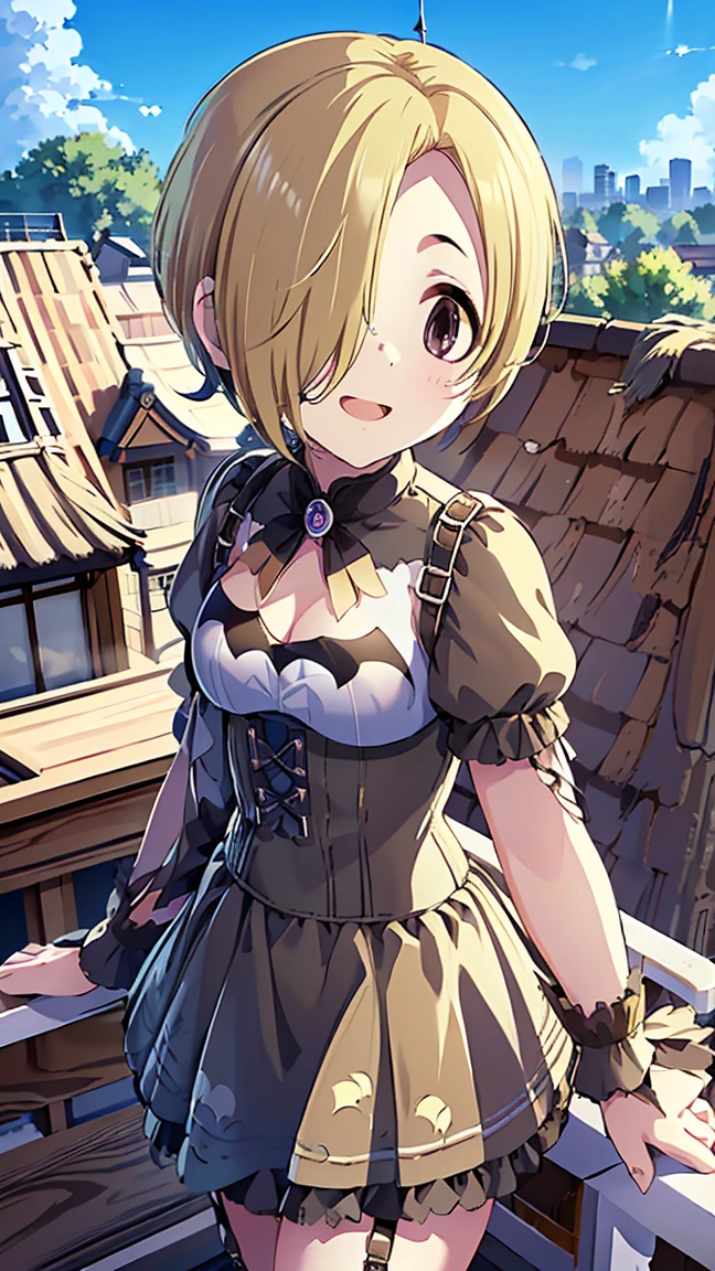 masterpiece, Best Quality,  Kampala,  very detailed ,(((Shirasaka Koume))), ((( 1 Girl))), (((solo))), (((Blonde))), (((Brown Hair))), ((( short haired ))), (((Hair covering one eye))), (((bat lingerie))), ((( cleavage))), ((( underbust ))), ((( stands in the distance))), (((Positive。))), (((rooftop))), (((blue sky))), ((( is laughing。))), (((handrail))), (((Streetscape)))