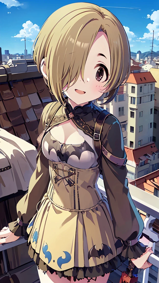 masterpiece, Best Quality,  Kampala,  very detailed ,(((Shirasaka Koume))), ((( 1 Girl))), (((solo))), (((Blonde))), (((Brown Hair))), ((( short haired ))), (((Hair covering one eye))), (((bat lingerie))), ((( cleavage))), ((( underbust ))), ((( stands in the distance))), (((Positive。))), (((rooftop))), (((blue sky))), ((( is laughing。))), (((handrail))), (((Streetscape)))