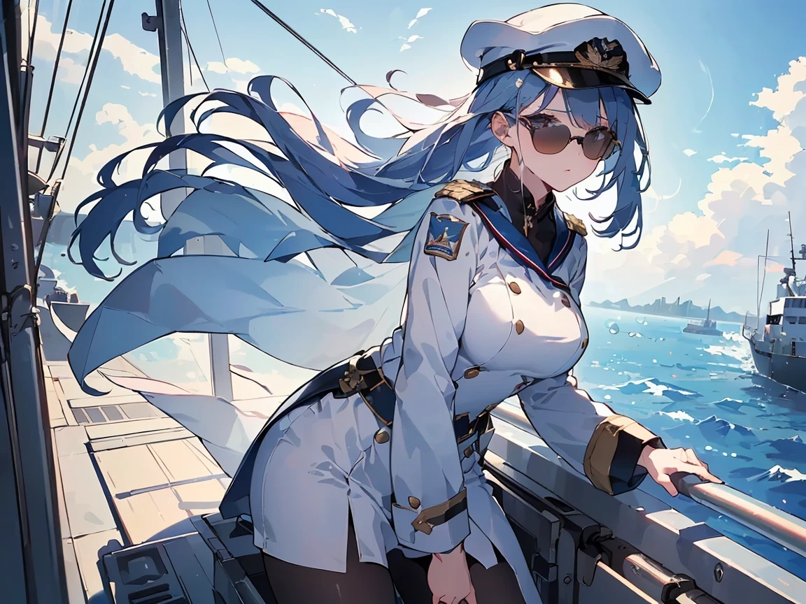 (((Best quality, 8k, Masterpiece: 1.3)), ((best quality)), ((masterpiece)), (detailed), perfect face, perfect body, uniform, soldier, Sunglasses, Beauty, Cool, Major General of the Navy, cowboy shot, navy hair is blown by the wind, (On the Military ship), (leaning against the gunwale)