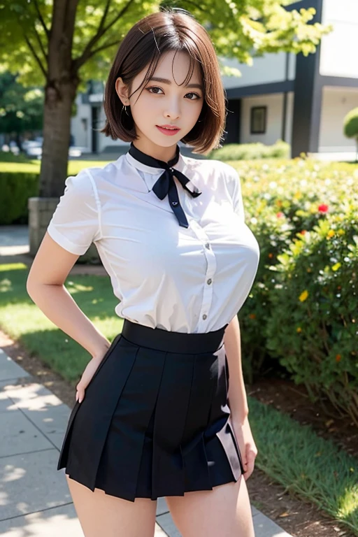 (8k, RAW photo, best quality, masterpiece: 1.2), (realistic, photo-realistic: 1.37), ultra-detailed, 1 girl, beautiful, solo, beautiful detailed sky, detailed coffee, night, sitting, (flushed nose), (smile: 1.1), (mouth closed), medium breasts, beautiful detailed eyes, (collared shirt: 1.1), bow tie, pleated skirt,