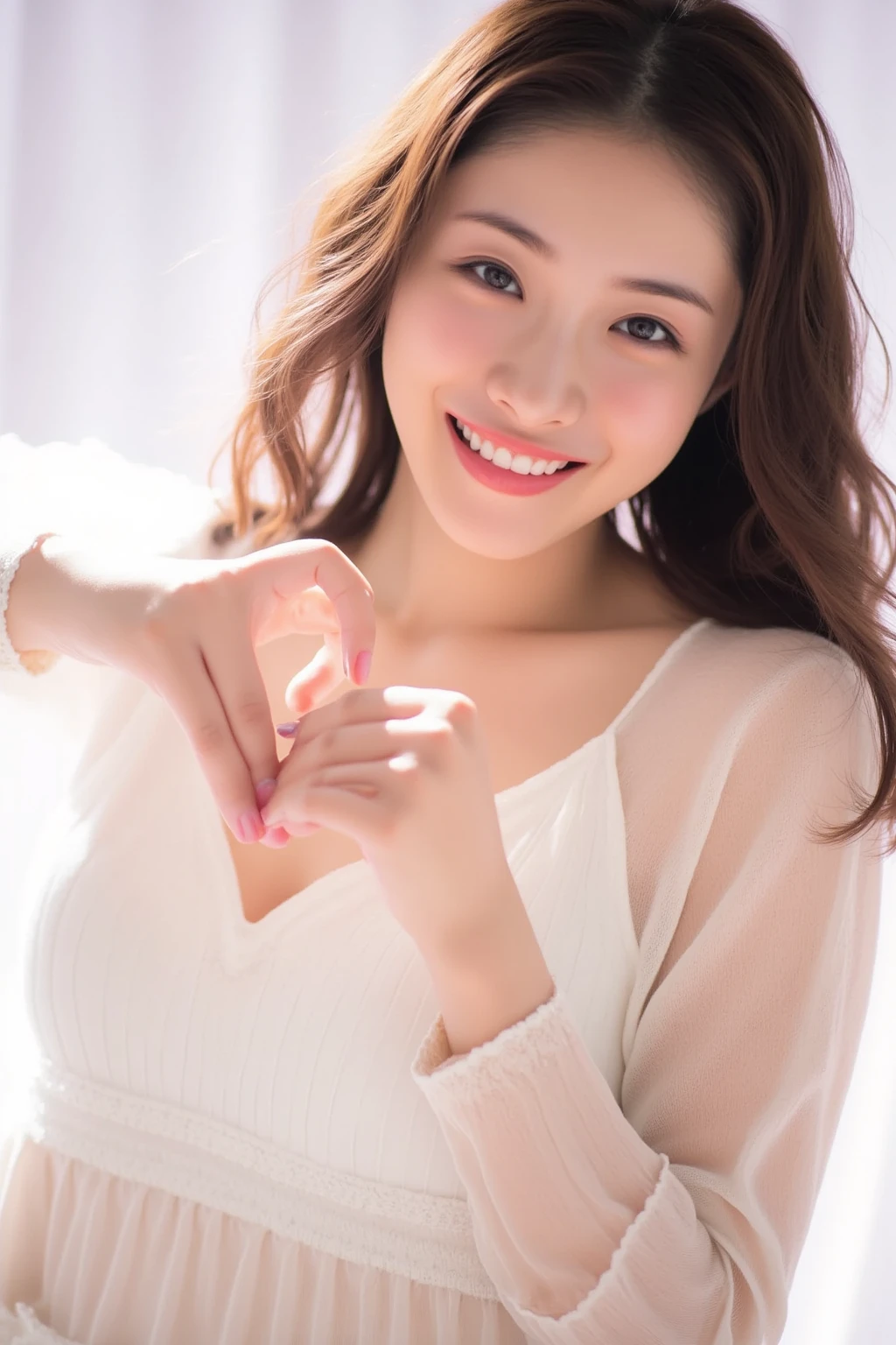 She is in a pose wearing a sexy camisole, making a firm big heart shape with both hands, and holding it in front of her chest, Cute smile up

