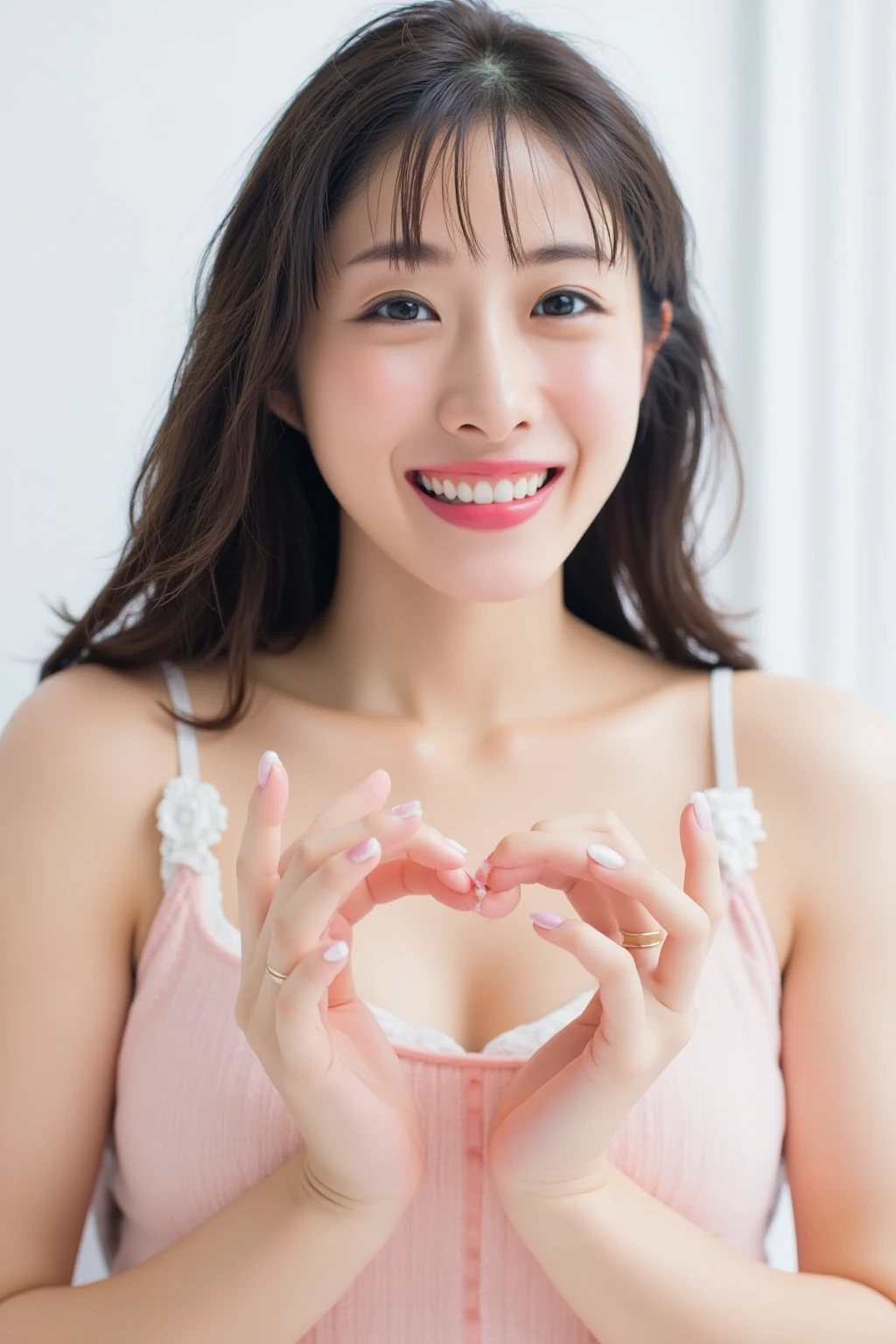 She is in a pose wearing a sexy camisole, making a firm big heart shape with both hands, and holding it in front of her chest, Cute smile up

