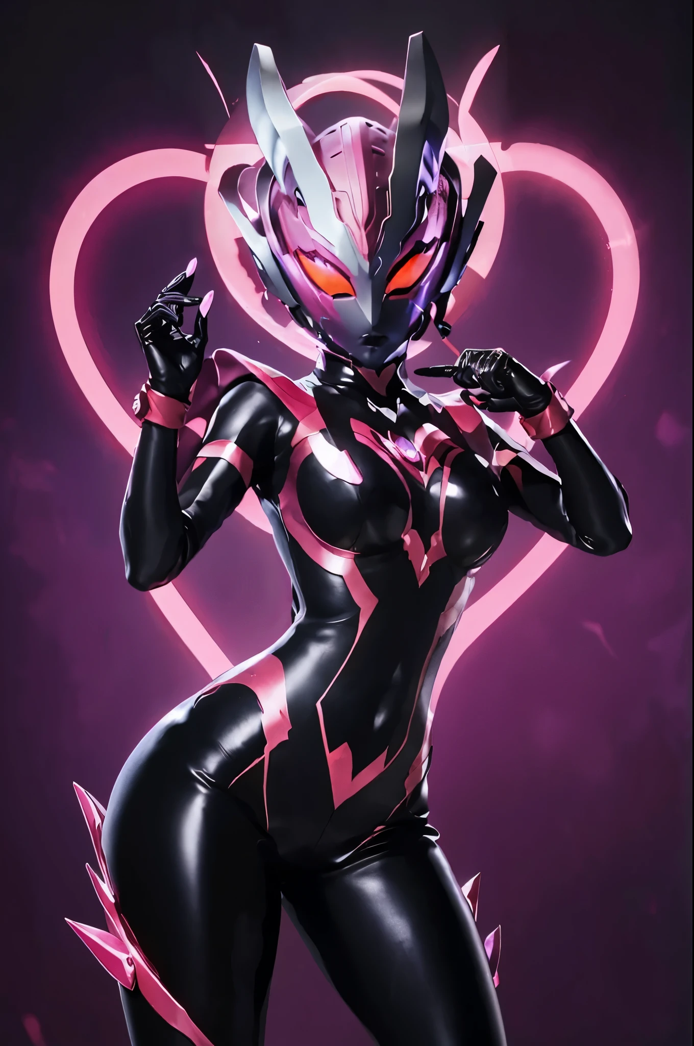 Ultraman Woman. （high quality）（luster）（(Black Face and red eyeline)）（Black and purple thema color）women only. The whole body is covered with a black bodysuit. Spike decoration. Pink lines all over the body. Heart tattoo . purple coloreye. pink glow crystal. stick out butt. pink sharp claw. Turn around pose. buttocks. Night background.