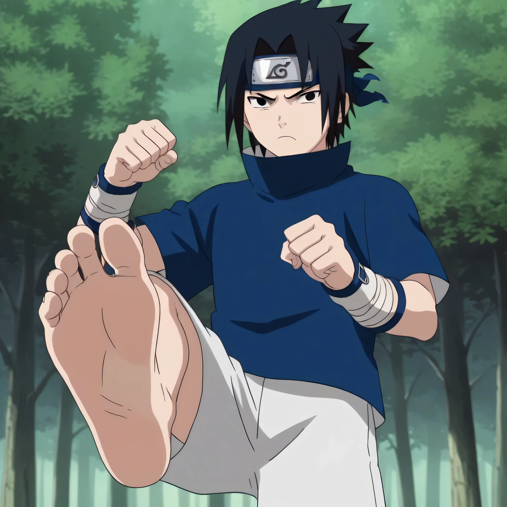 score_9, score_8_up, source_anime,
1boy, Sasuke Uchiha, black hair, short spiky hair, dark eyes, navy blue high-collar shirt, short sleeves, white shorts, clenched hands, alone, looking at viewer, serious expression, standing, cowboy shot, ANIME SCREENCAP, anime coloring, in a forest, barefoot, perfect feet, anatomically correct, soles, low angle, focal length 35mm, each foot has five toes, front, symmetrical soles, foot focus