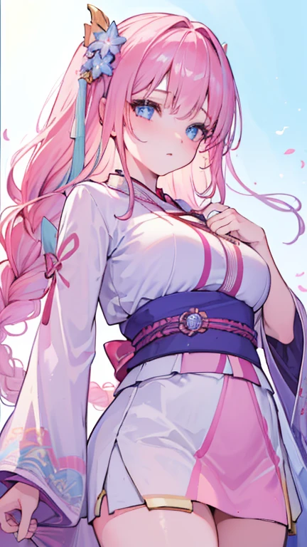 One female Raiden shogunate fine dress white blunt bang braid (middle chest: 1.4) cleavage wide-sleeved kimono headgear white day dress (red belt: 1.4) (light pink hair: 1.4 ), very long hair, straight hair, delicate face, Grim face, (smooth jaw: 0.85), closed mouth, looking at viewer, beautiful eyes, delicate eyes, skirt, pose, (Cherry tree: 1.5), photon mapping, physically based on rendering, RAW photo, ( forest: 1.5), (real photo: 1.35), high resolution, perspective, front, half body, hands behind, (ulzzang-6500: 0.725) cherry blossoms, clouds, full moon, outdoors, petals, blue moon, night