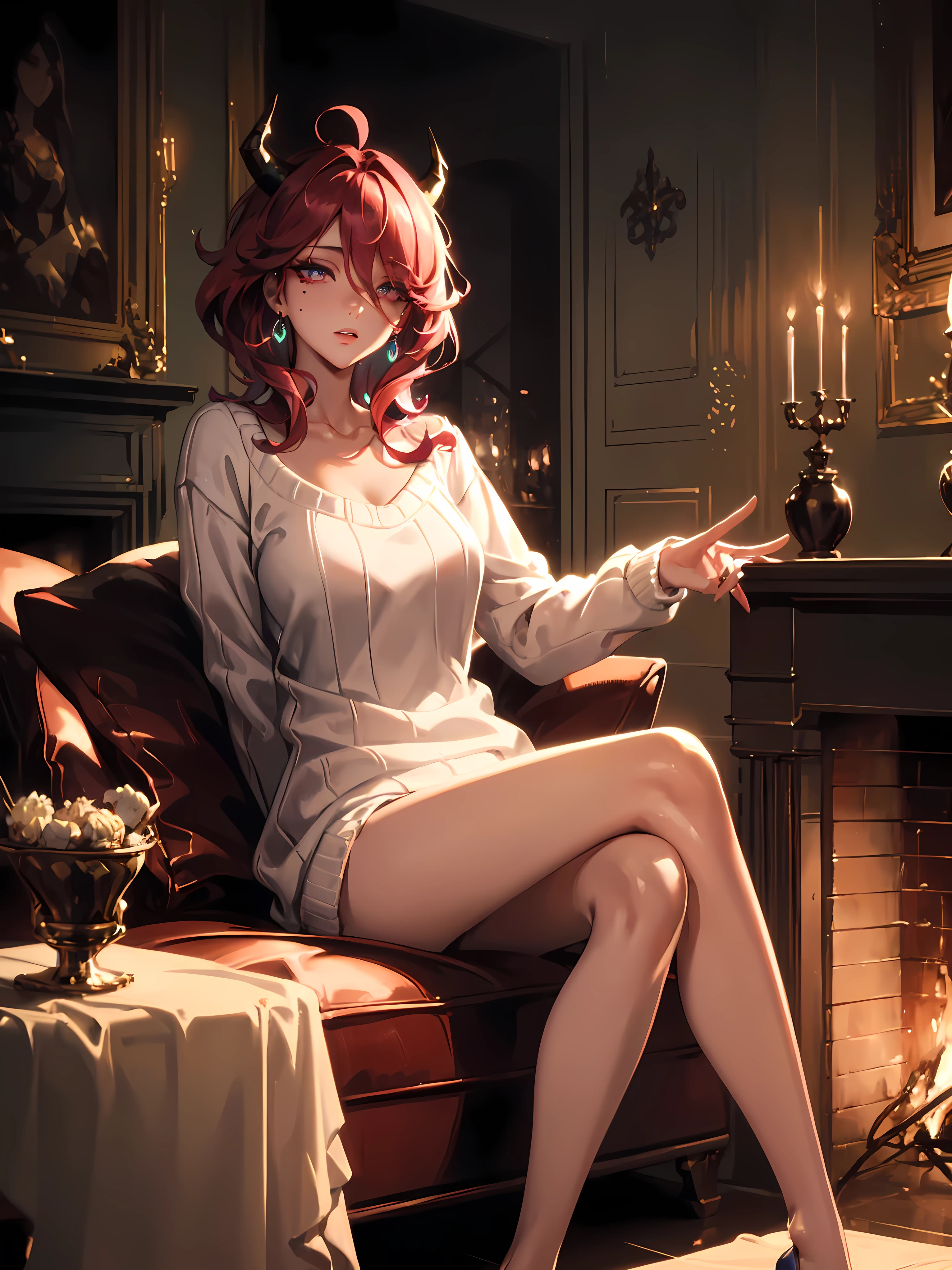 4k, 8k, masterpiece, best quality, 1girl, slim fit, accurate anatomy, looking at viewer, deep red hair, (mole under one eye), (messy hair:1.3), (hair between eyes), (hair over one eye:1), (floating hair:1.3), enchanting pink eyes, sharp eyelashes, demon horns, (white wool sweater), (wearing sweater), (winter clothes), (perfect legs:1.5), fireplace, indoors, dimly lit, 23 years old, large breasts, detailed collarbone, earrings, expert shading, detailed face, detailed eyes, detailed lips, chiaroscuro lighting, dramatic lighting, moody atmosphere, cinematic composition, intricate details, hyper realistic, oil painting, elegant, mysterious, sensual