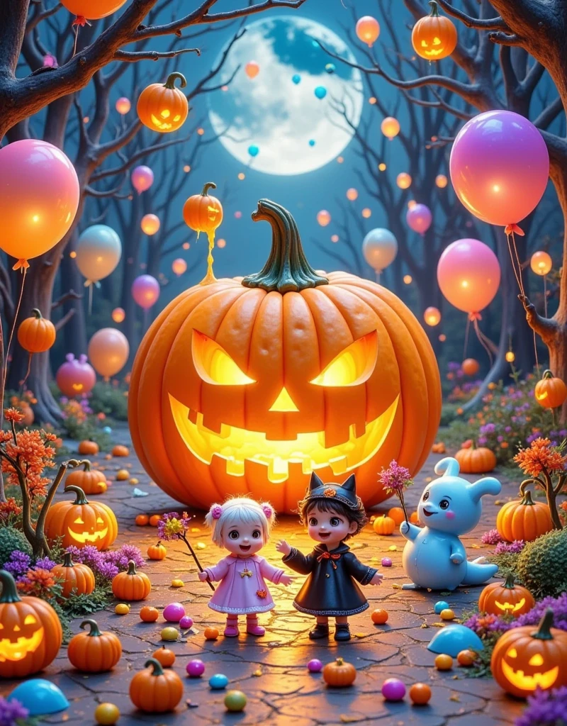  a large pumpkin in the middle of the picture ， and get all kinds of fruit candy and colorful paint from the pumpkin's eyes and mouth，A few tiny little monsters wear all kinds of Halloween costumes ， laughing ， The whole picture is full of tension ， letter interspersed design ， letter text “trick or treat” poster design ， flat gradient minimalist design ， three-dimensional glass texture ， floating high-grade silk lines ，frosted particles，Modern Art，Large white space，Upward Shot， dark but not scary background ，C4D，OC Rendering