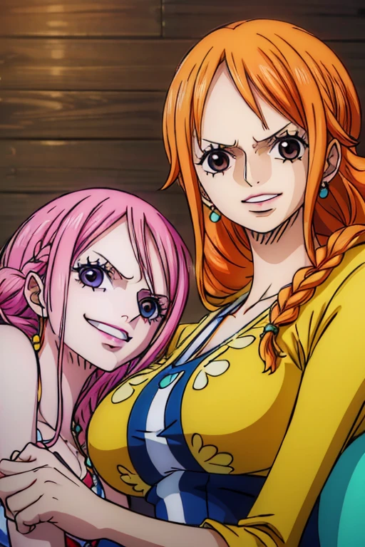  (Masterpiece,Best Quality, 4K, 8k,  Kampala, masterpiece:1.5), Super detailed, (Realistic, photoRealistic, photo-Realistic:1.37) ,(Two Girls),Draw each, Nami in One Piece と One Piece Jewelry Bonnie二人は仲良くソファに座る, Nami in One Piece の位置は左側, One Piece Jewelry Bonnieは右側,Generate anime styles The , must be made in an anime style ,( Nami in One Piece ,The hair is bright orange,Beautiful Hair, Beautiful Hair型,(Delicate Braid 1  .2),Side Tail 1.1, (Realisticな肌), beautiful details in her eyes , Beautiful Brown Eyes,Beautiful Skin,Beautiful lipstick,Beautiful Lips, Charming,smile ,Large Breasts,Sit on the left),( One Piece Jewelry Bonnie,Her hair is bright pink ,Beautiful Hair, Beautiful Hair, (Realisticな肌), beautiful details in her eyes , beautiful eyes,Beautiful Skin,Beautiful lipstick,Beautiful Lips, Charming,smile ,Large Breasts,Sit on the right),アートスタイルはCharmingなアニメスタイルに似ている, rendering, add HDR to enhance visual effects , 超 Kampala,  studio lighting , Ultra-fine painting, Sharp focus, 物理ベースrendering, professional,  bright colors ,超 Kampala, High image quality,Perfect fingers,Perfect limbs,Perfect Fingers