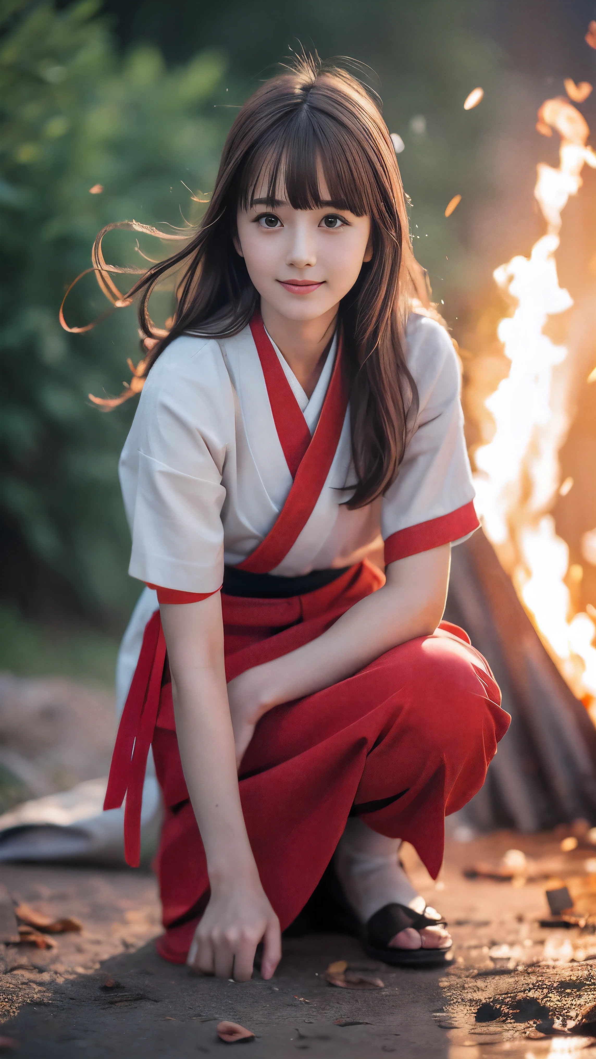 (Close up portrait of one slender small breast red brown wavy long hair with dull bangs girl in a red colored dirty armor warrior as samurai in Japan :1.5)、(One girl is kneeling near the bonfire on the wilderness land in old Japan with dirty little smile:1.5)、(Dark midnight:1.5)、(blurred background:1.5)、(Natural light:1.5)、(8k ultra detailed master piece:1.5)、(perfect anatomy:1.5)、(Photorealistic stick:1.5)、(Raw photo:1.3)、(highest quality:1.5)、(High resolution:1.3)、(Delicate and beautiful perfect face:1.3)、(Delicate and beautiful eye air skin:1.3)、(Real Human Skin:1.3)、((thin legs))