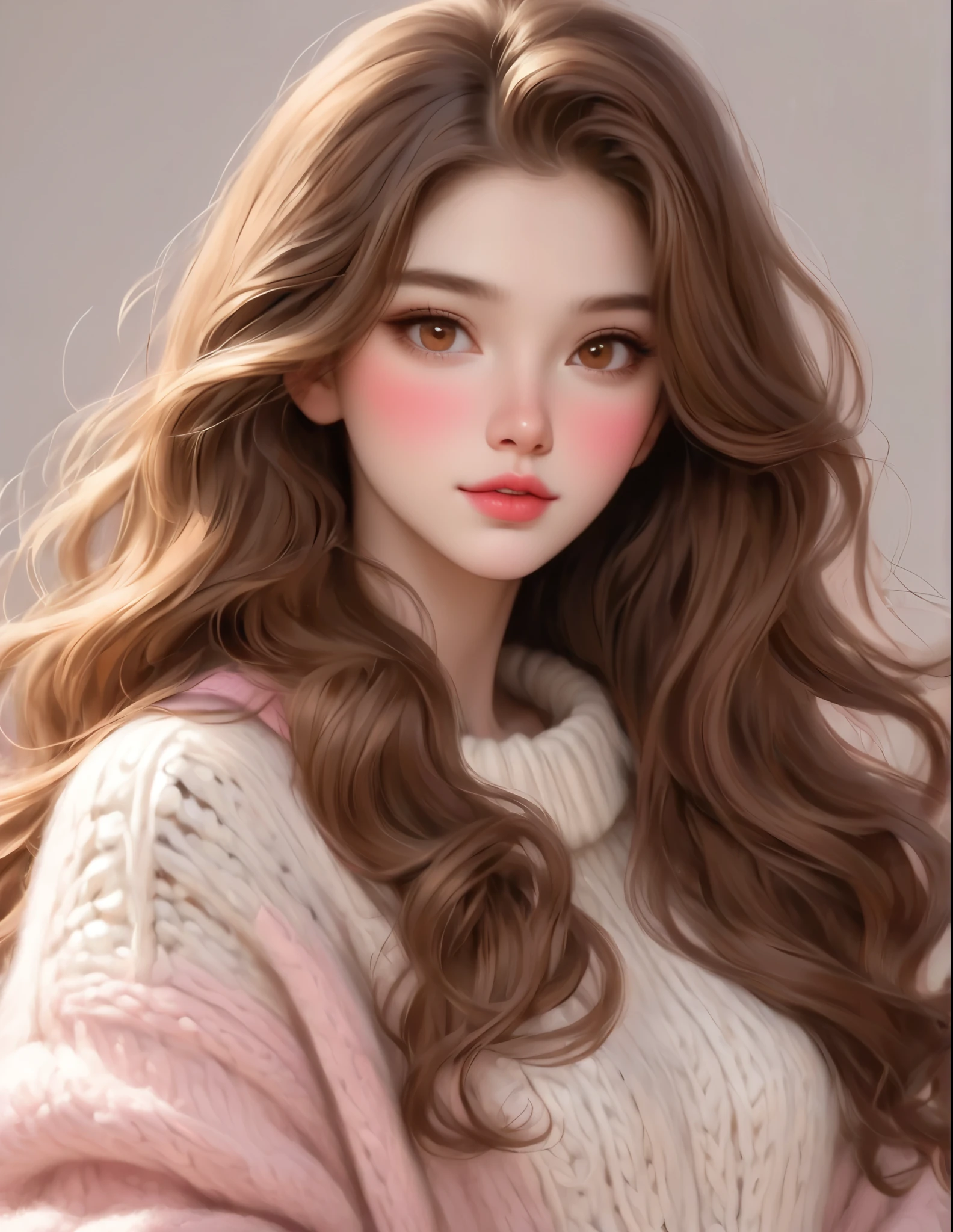 Girl, long soft flowing brown hair, golden brown eyes, sharp features, white skin, perfect pink lips, sweater.