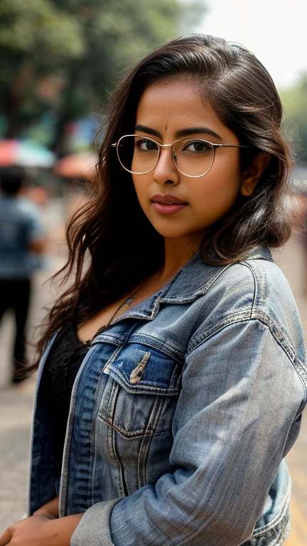 extreme closeup photo of ntg avika gor seductive look, begging crowd for sex on road, bra and denim jacket, sultry, erotic, black nerd glasses,