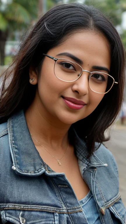 extreme closeup photo of ntg avika gor seductive look, begging crowd for sex on road, bra and denim jacket, sultry, erotic, black nerd glasses,