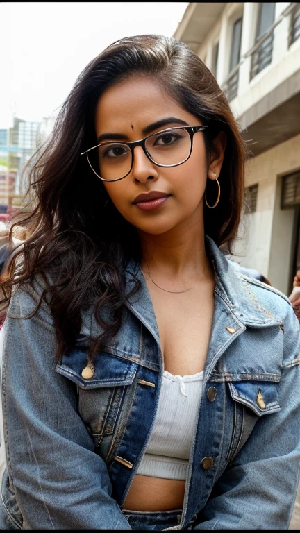 extreme closeup photo of ntg avika gor seductive look, begging crowd for sex on road, bra and denim jacket, sultry, erotic, black nerd glasses,