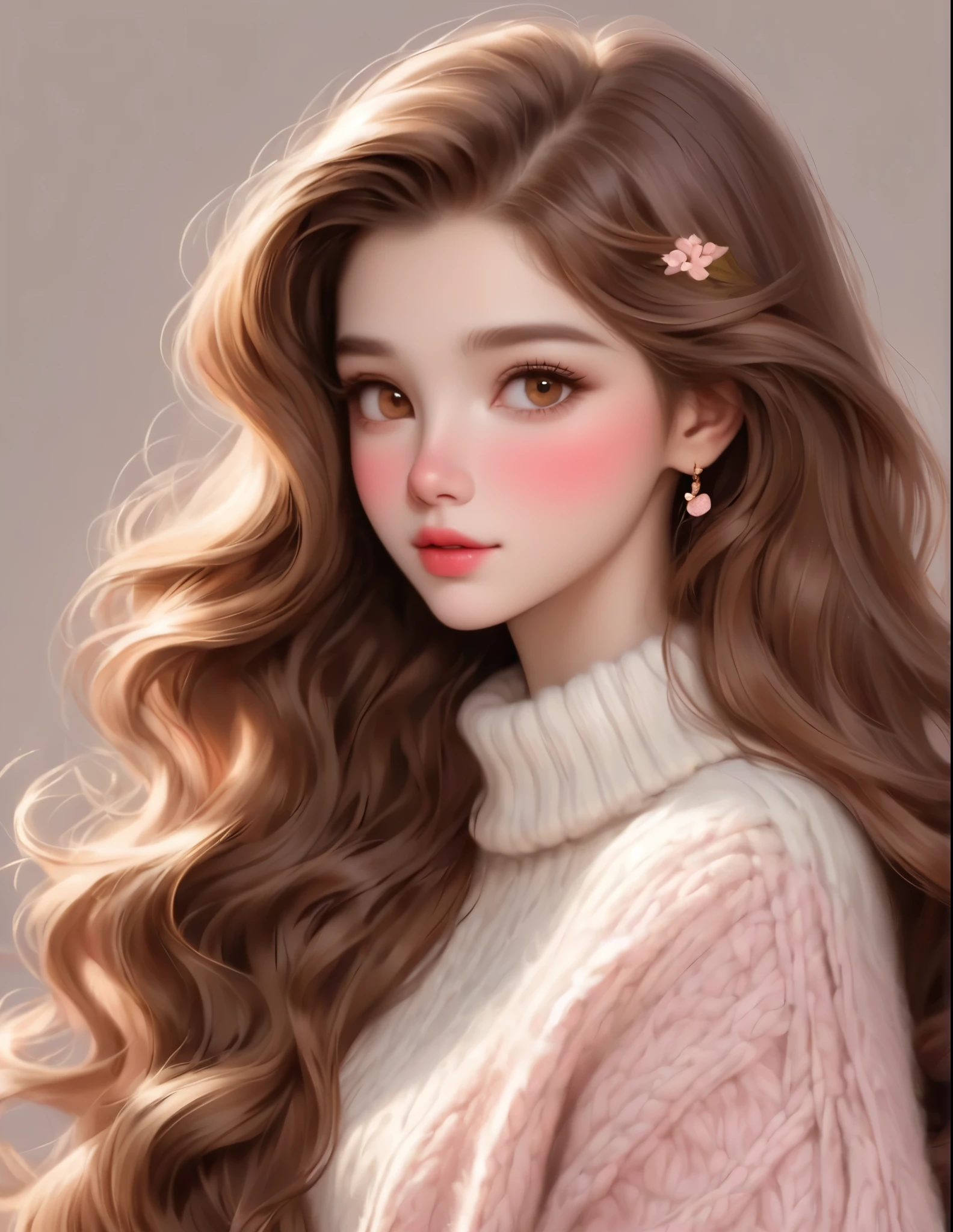 Girl, long soft flowing brown hair, golden brown eyes, sharp features, white skin, perfect pink lips, sweater.