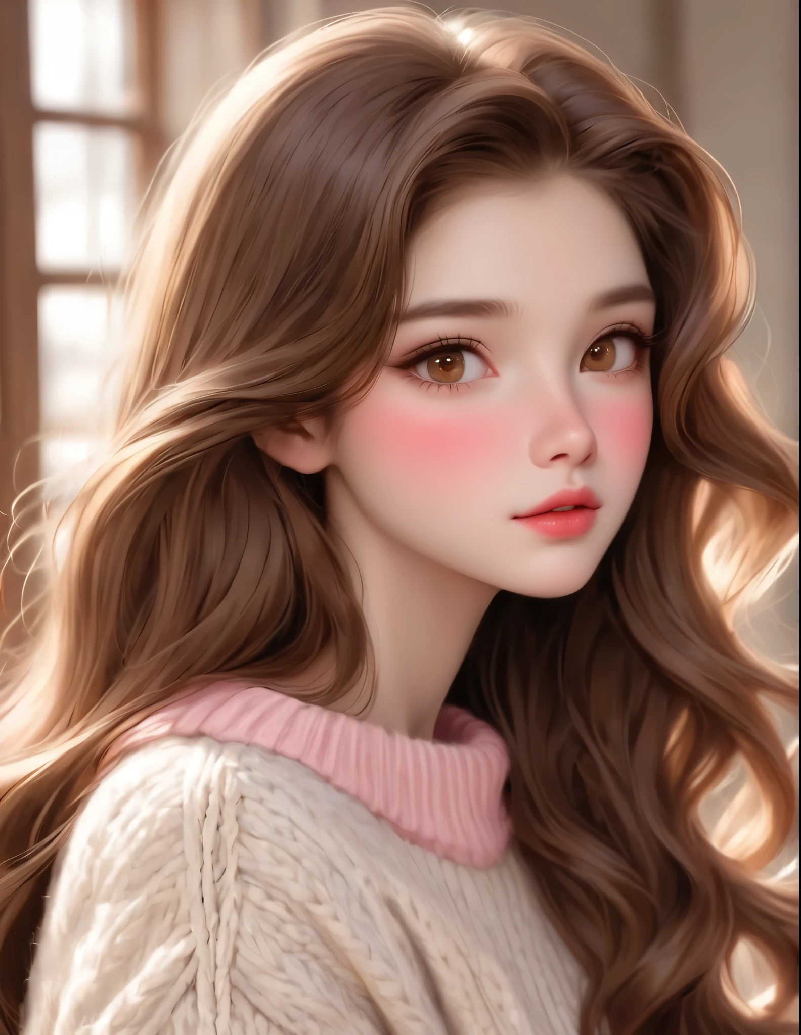 Girl, long soft flowing brown hair, golden brown eyes, sharp features, white skin, perfect pink lips, sweater.